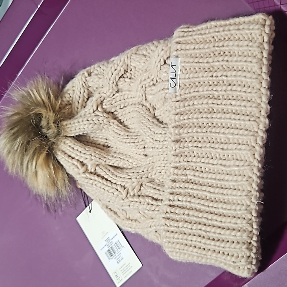CALIA Cable Knit Pom Beanie: NATURAL: NEW WITH TAGS: ONE SIZE FITS MOST
